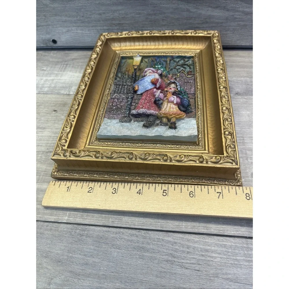 Santa Little Girl In The Snow Christmas Tree Gold Framed Vintage 3D Picture